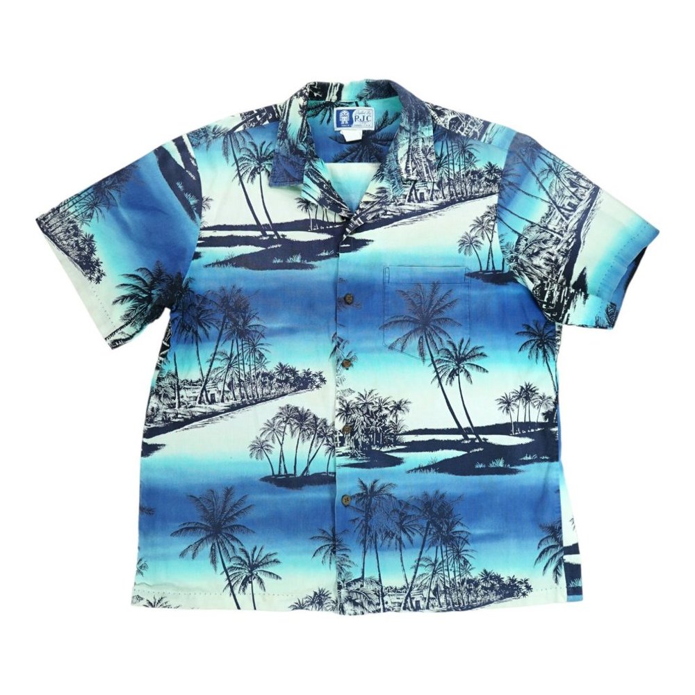 Vintage RJC Teal Hawaiian button down shirt Palm Trees - Mens size‎ XL